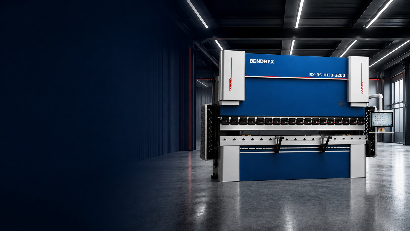 BENDRYX BX-DS-H130-3200 dual servo hybrid press brake installed in a modern showroom